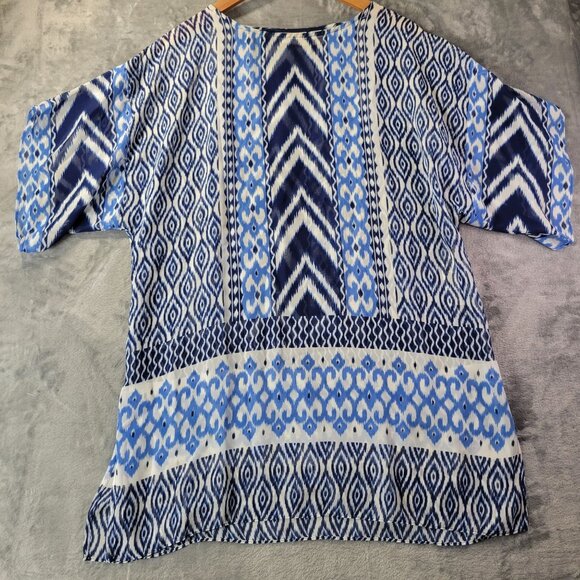 Chico’s Women’s S Top Blue White Ikat Boho Relaxed Fit Lagonlook Layered Sheer - Picture 1 of 11